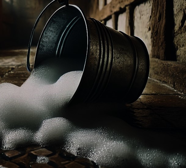 metallic silver pail with soapy water, knocked over